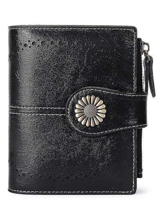 Portofel dama piele cerata, trifold, negru, 12.5x10.2x2.5cm