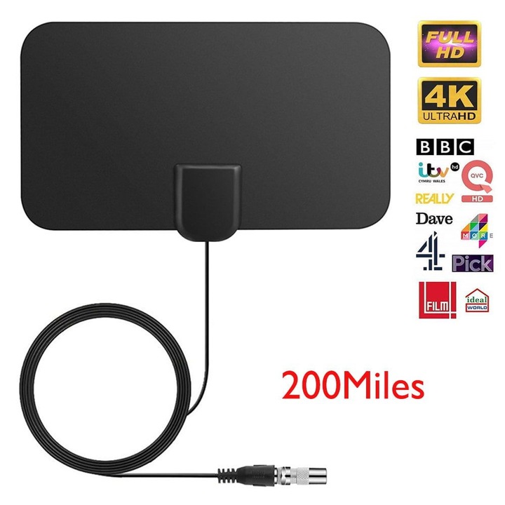 Antena TV digitala 4K HD 200 mile negru 174x240x862MHz