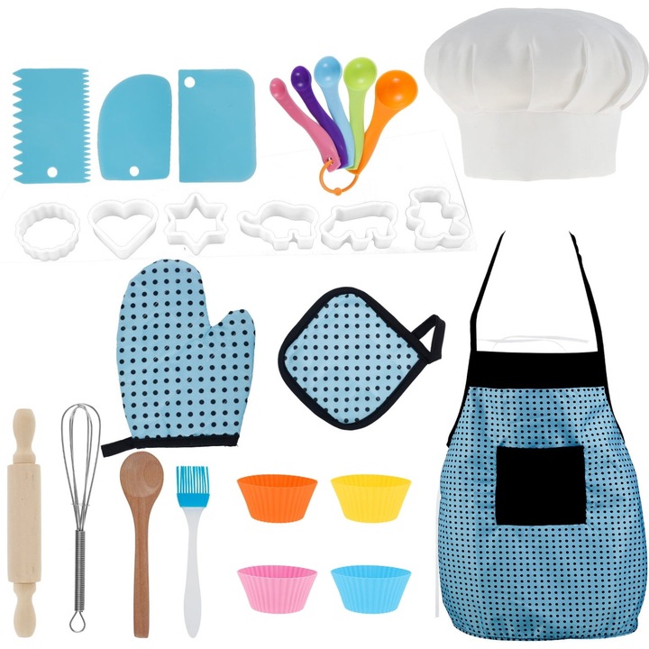 Set gatit si copt copii 22 piese, sort albastru, palarie, 40x52cm