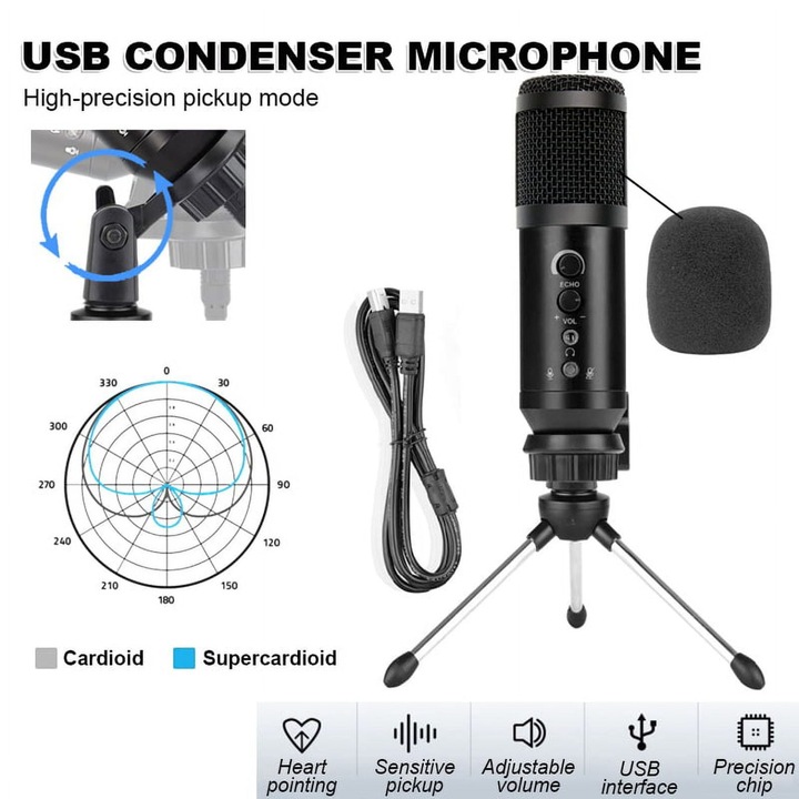 Microfon USB Cardioid U800, condensator, negru, 1.97x4.65cm, set complet