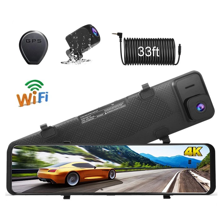 Camera auto duala 4K+1080P, ecran tactil 12 inch, GPS, negru
