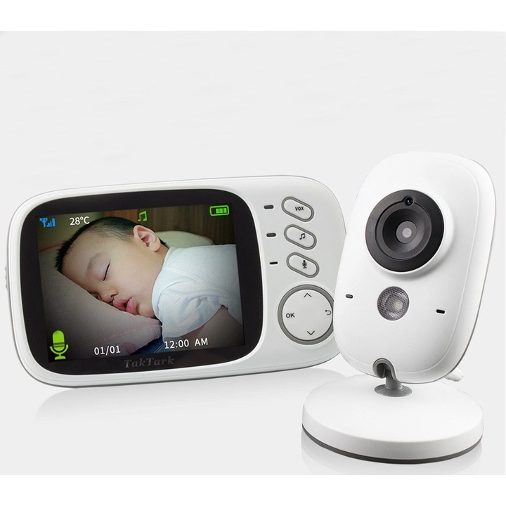 Monitor video bebelusi wireless 3.2inch LCD, vizionare nocturna, monitorizare temperatura, set, alb
