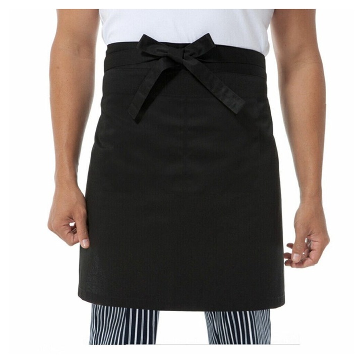 Sort de bucatarie unisex, scurt, cu buzunare duble, negru, 70x50cm