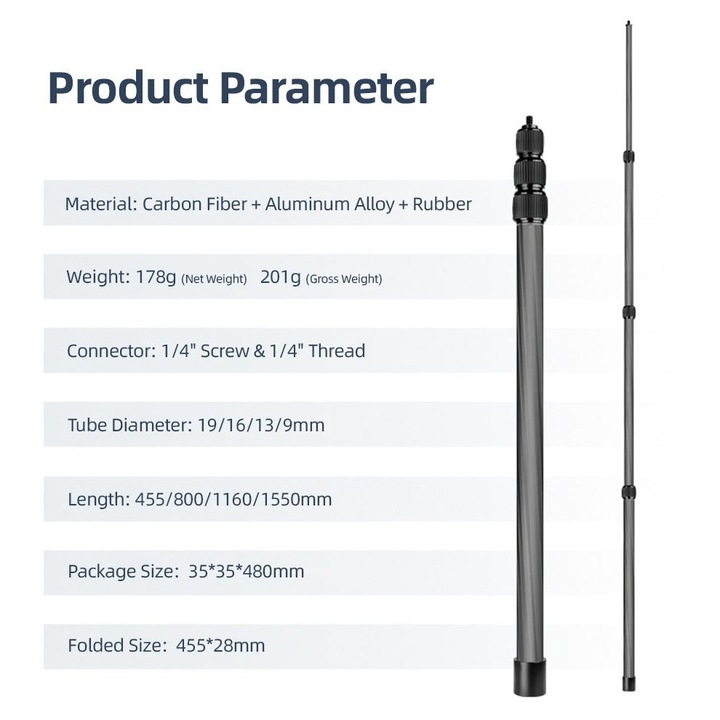 Brat microfon extensibil 4 sectiuni, fibra carbon, negru, 45.5x155cm