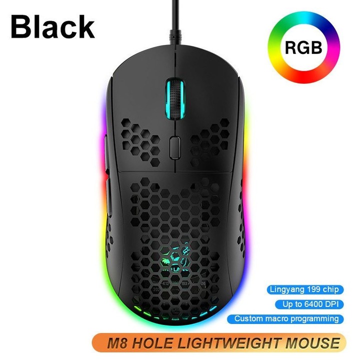 Mouse ergonomic cu design honeycomb, iluminare RGB, negru