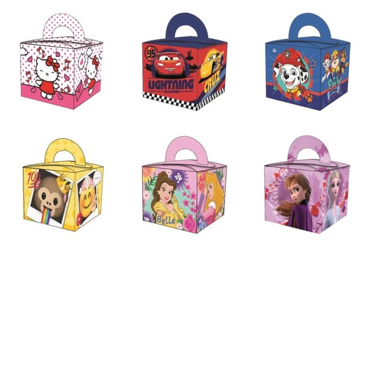 Szülinapi ajándék doboz 6, 5x6, 5x5, 6cm 6 minta 48db/csomag (Hello Kitty/Cars/Paw Patrol/Monkey/Princess/Frozen)