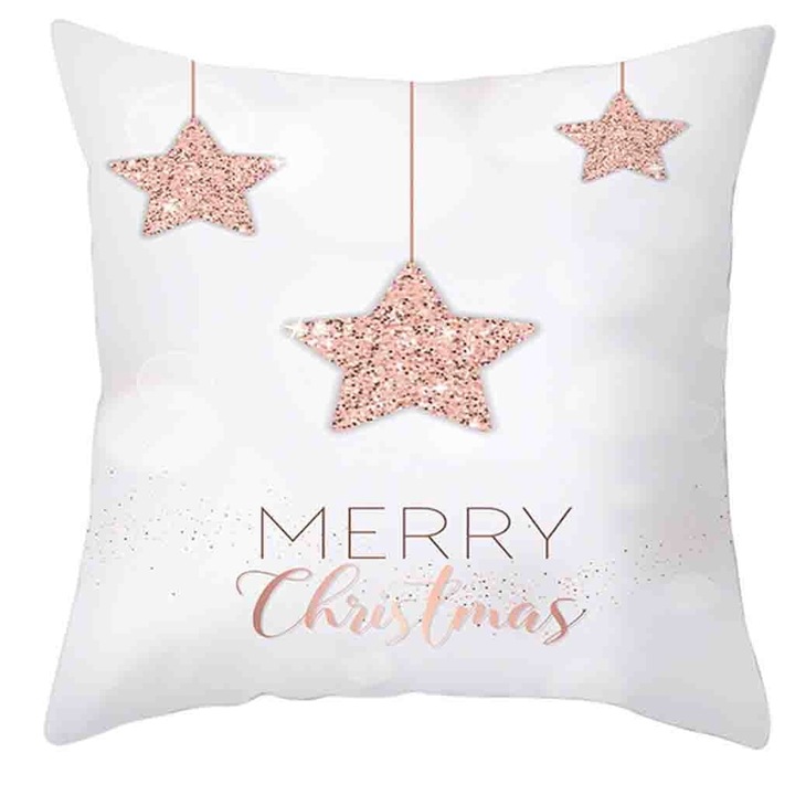 Husa pentru perna YANYXR BCS3149646, imprimeu Merry Christmas cu stele rose gold, amestec bumbac, fermoar ascuns, alb/rose gold, 45 x 45 cm