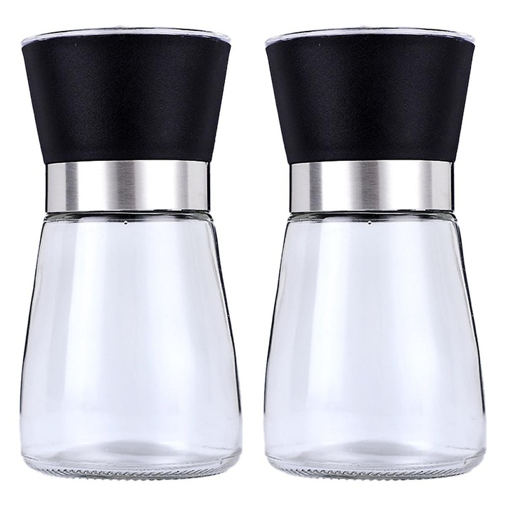 Set rasnite sare si piper, ceramica reglabila, inox si sticla, negru, 13x6.7cm si 18.8x6.5cm