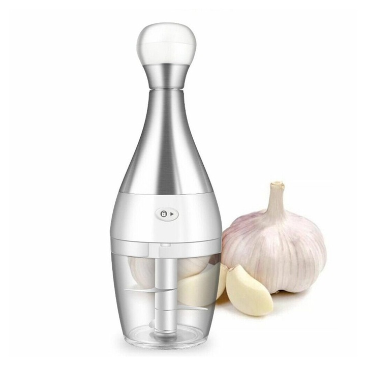 Tocator manual usturoi, mini, inox, 250ml, transparent