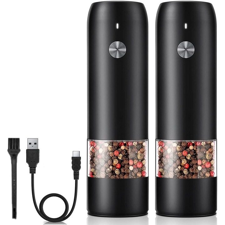 Set rasnite electrice reincarcabile sare si piper, operare cu o mana, negru, ceramic, reglabil