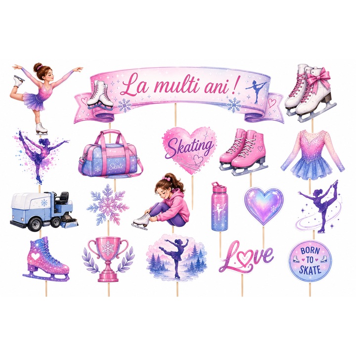 Set toppere tort PATINAJ, DecoParty, 19 figurine, carton, suporti din lemn inclusi