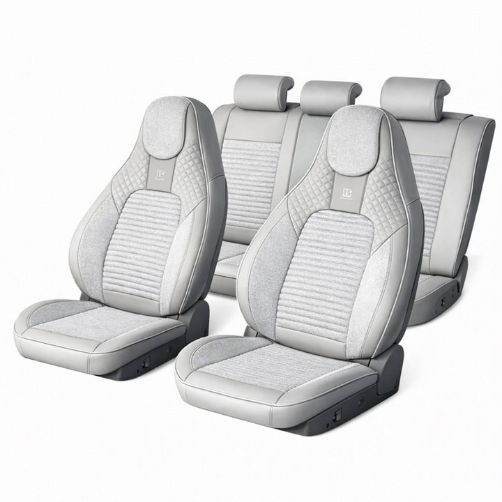 Set huse scaune auto Premium Crem-Gri universale, design sport ergonomic, piele ecologica cu insertii textile, fata + spate 11 piese