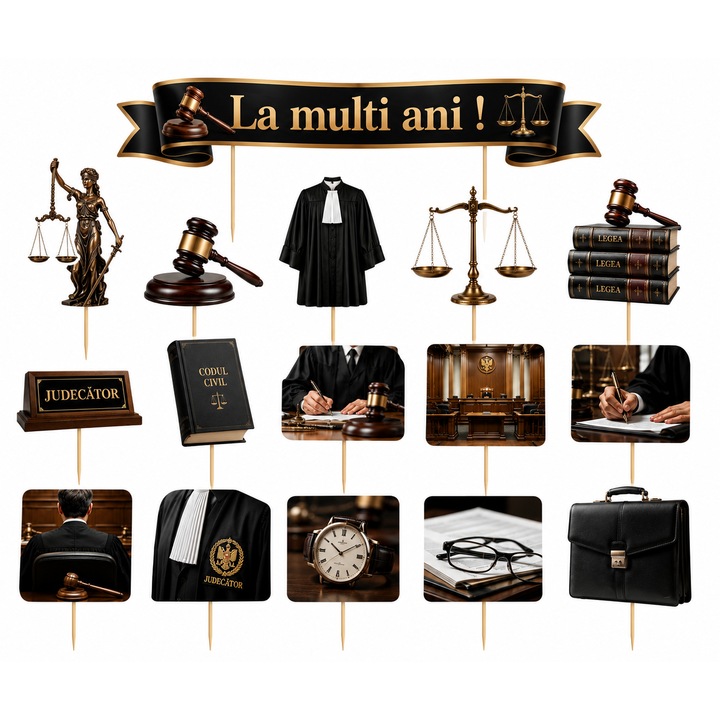 Set toppere tort JUDECATOR, DecoParty, 16 figurine, carton, suporti din lemn inclusi