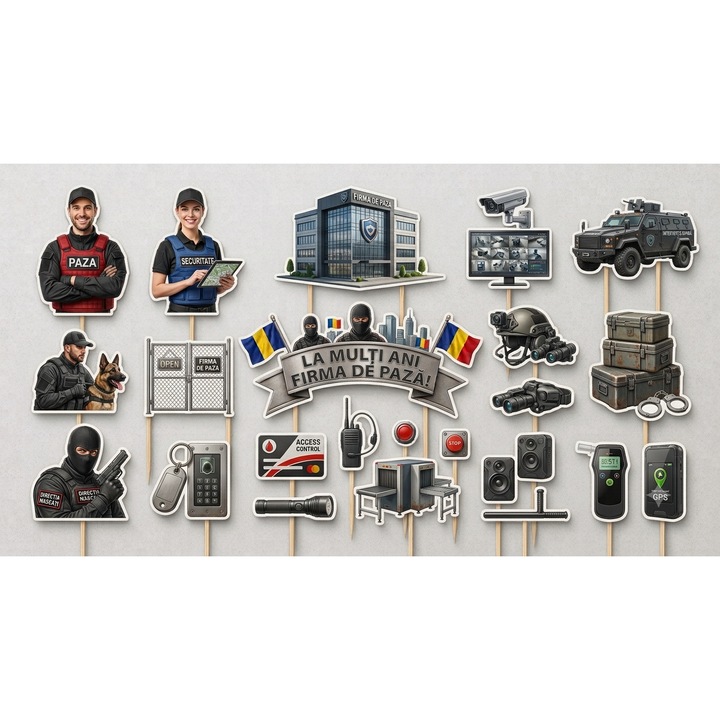 Set toppere tort FIRMA DE PAZA, DecoParty, 19 figurine, carton, suporti din lemn inclusi