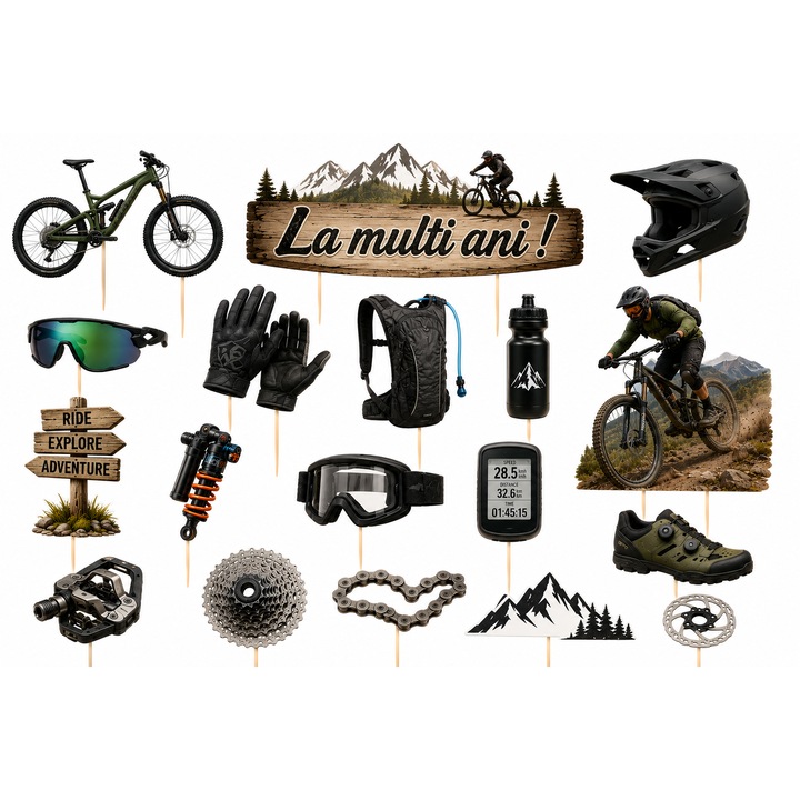 Set toppere tort MOUNTAIN BIKE V2, DecoParty, 18 figurine, carton, suporti din lemn inclusi
