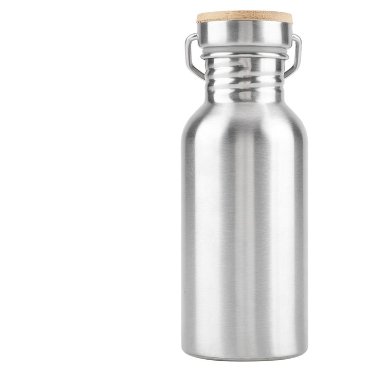 Cana termos portabila din otel inoxidabil 500mL, capac cu inel, etansa, argintiu