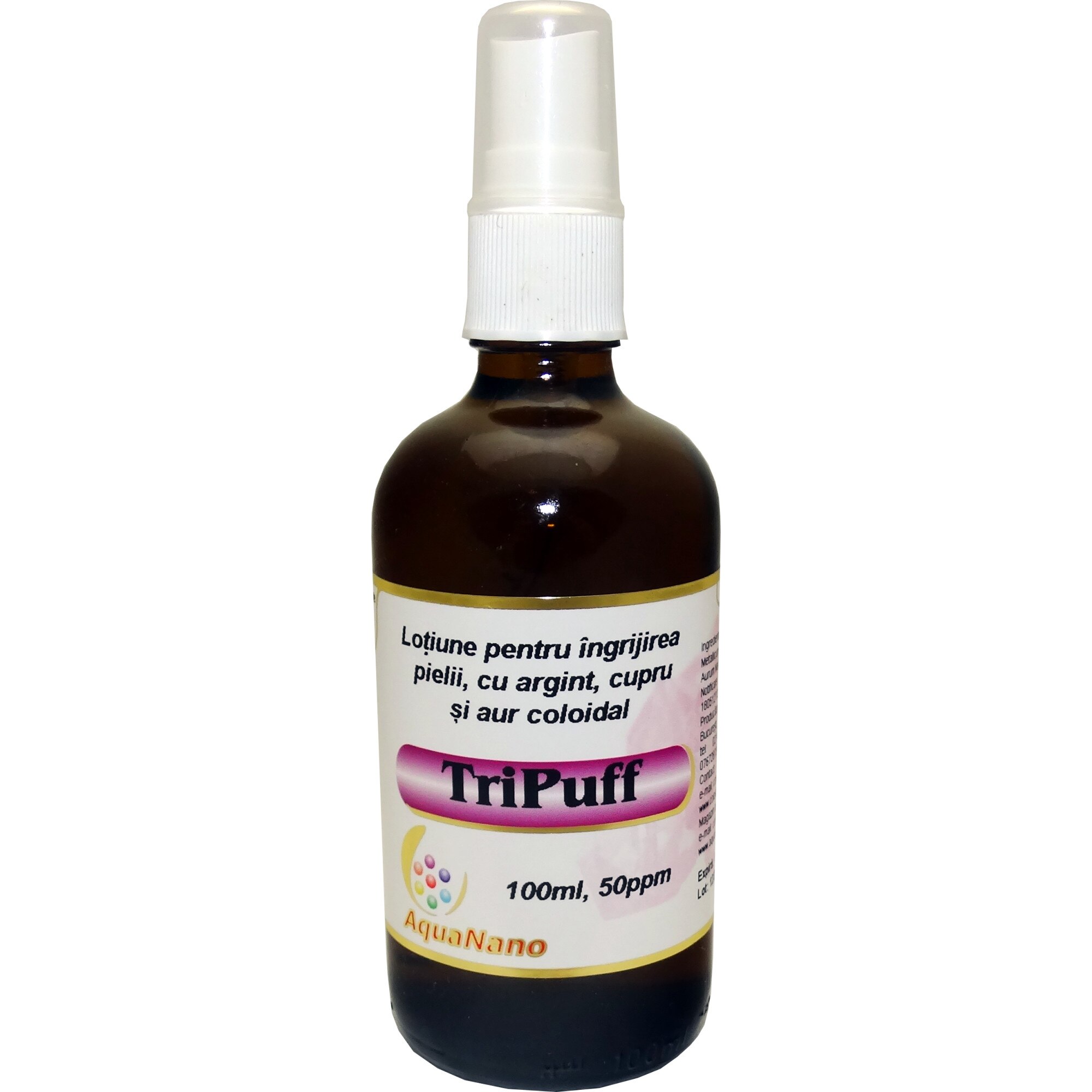 Lotiune pentru ingrijirea pielii, AquaNano - TriPuff, spray cu aur, cupru si argint coloidal, 100ml