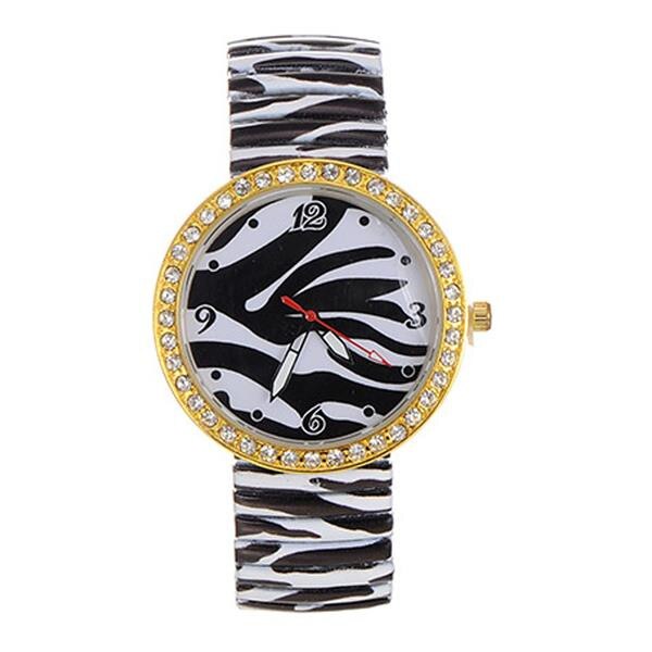 Ceas ZZV fashion cu desen zebra alb-negru, cadran auriu cu strasuri