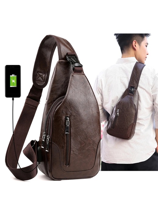 Geanta Sling YANYXR, piele ecologica, maro, 17x8x35cm, USB, pentru drumetii