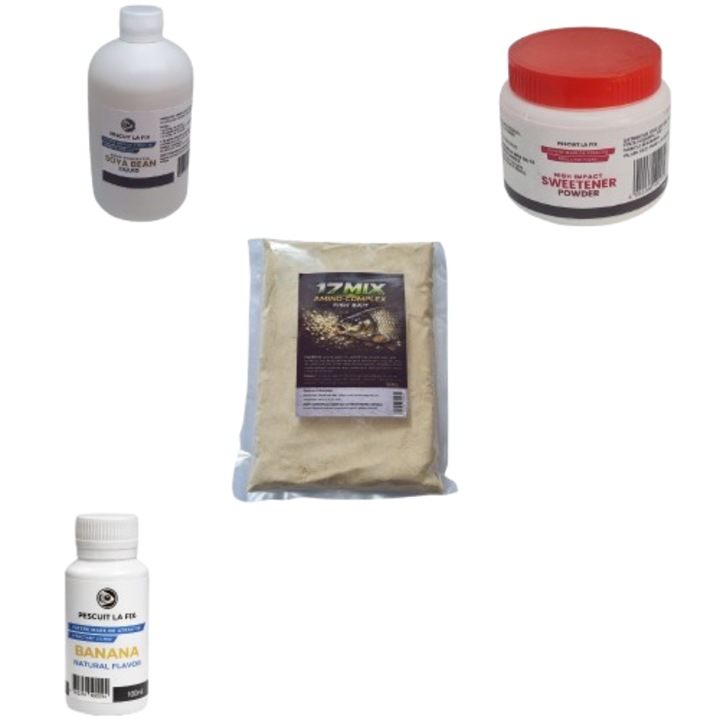 Kit Atractanti Crap si Feeder, Squid & Octopus Natural 100 ml, Contine Hidrolizat Amino de Soia 250 ml, Indulcitor High Impact Pudra 100 g si 17 Mix Amino Complex 500 g, 4 piese, Pescuit La Fix