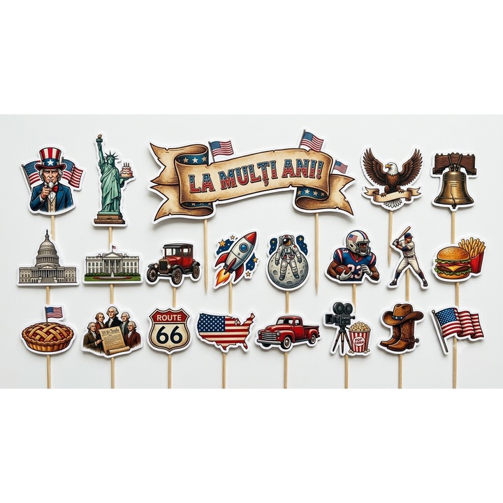 Set toppere tort AMERICA - USA, DecoParty, 21 figurine, carton, suporti din lemn inclusi