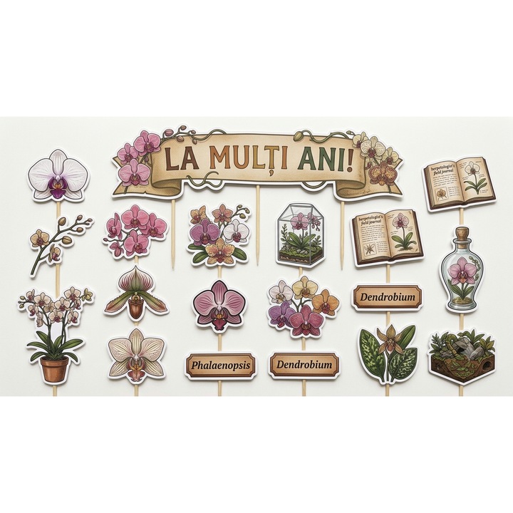 Set toppere tort ORHIDEI, DecoParty, 20 figurine, carton, suporti din lemn inclusi
