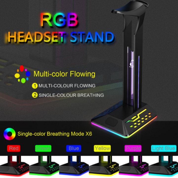 Gaming fejhallgató tartó RGB világítással, 7 LED mód, Type-C port és 2 USB port, telefontöltés, csúszásgátló talp, fekete