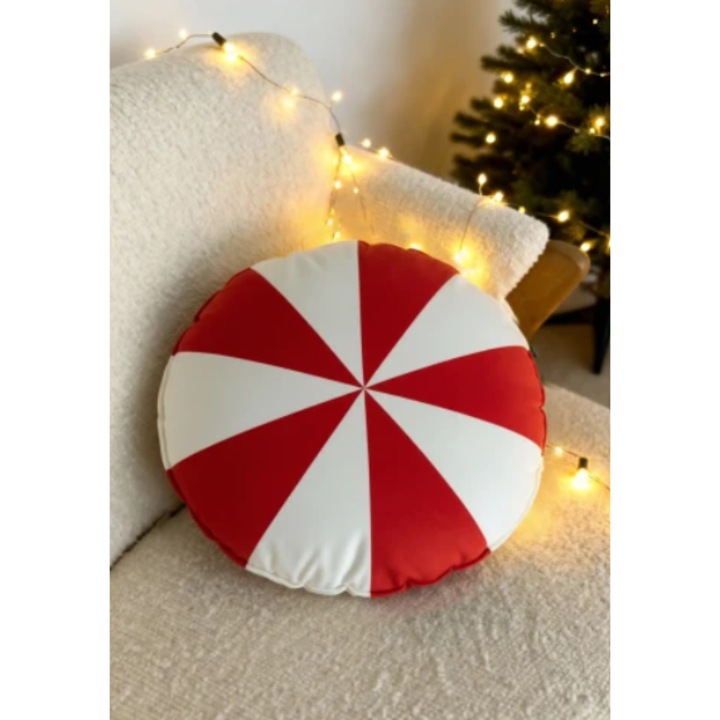 Perna decorativa de Craciun, Spod Igły i Nitki, Candy, rosie si alba, 38 x 38 cm, catifea velvet, fara fermoar