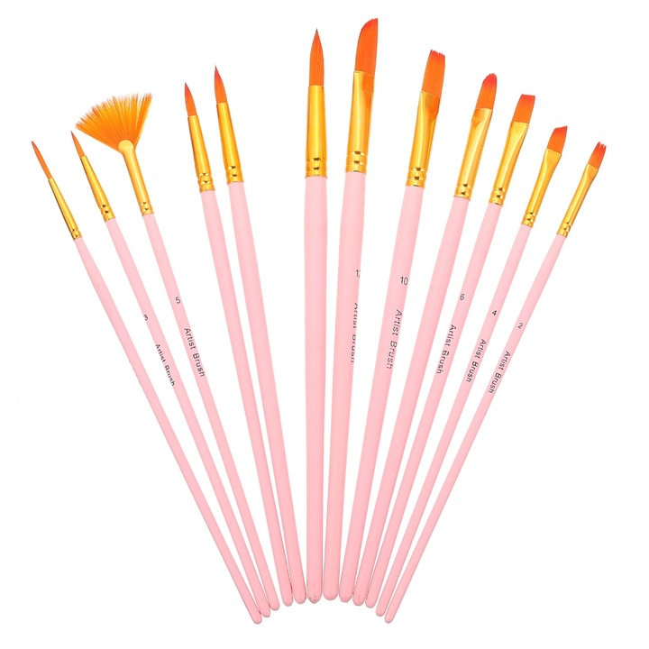 Set 12 pensule pictura YANYXR nylon roz 21x3.7x0.4cm