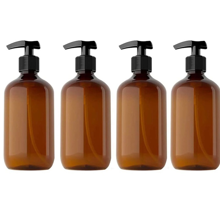 4 db átlátszó PET flakon szett, adagoló pumpás, 300ml és 500ml, hosszú nyakú
