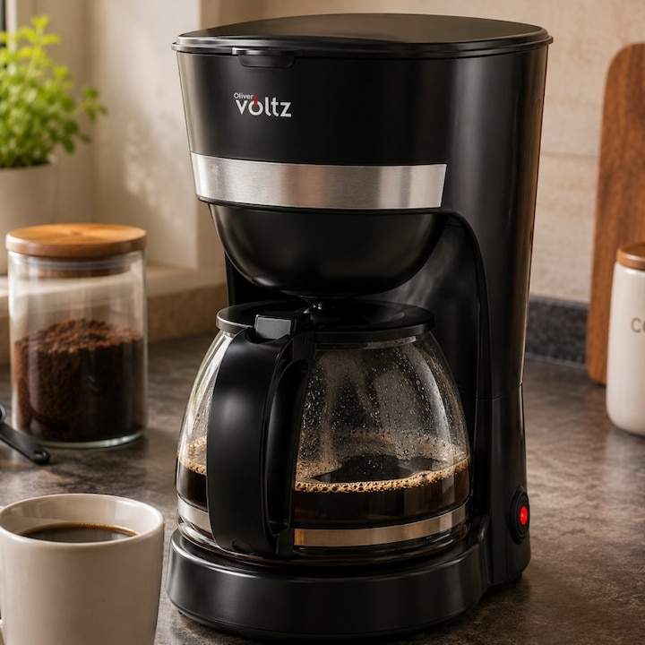 Cafetiera electrica Oliver Voltz OV51170WN, 600 W, 1, 25 l, Sistem anti-picurare, Cana din sticla, Negru