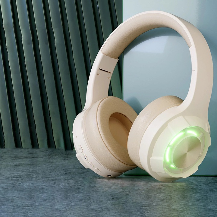 YANYXR Bluetooth 5.3 vezeték nélküli fejhallgató, összecsukható, bézs, 100 óra üzemidő