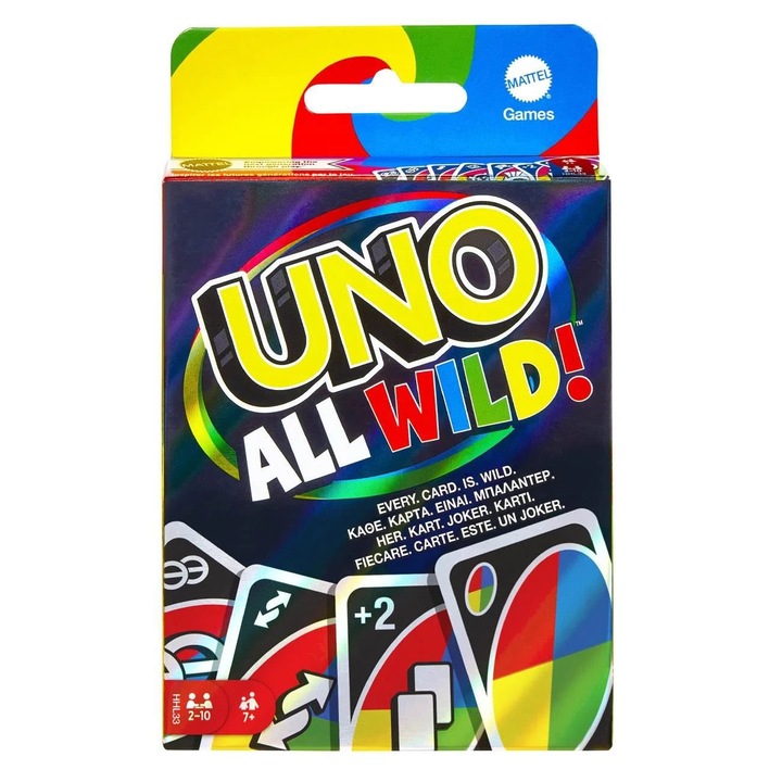 Семейна игра UNO карти All Wild - Mattel, Картон, 9.5x2.5x15 см, Многоцветен