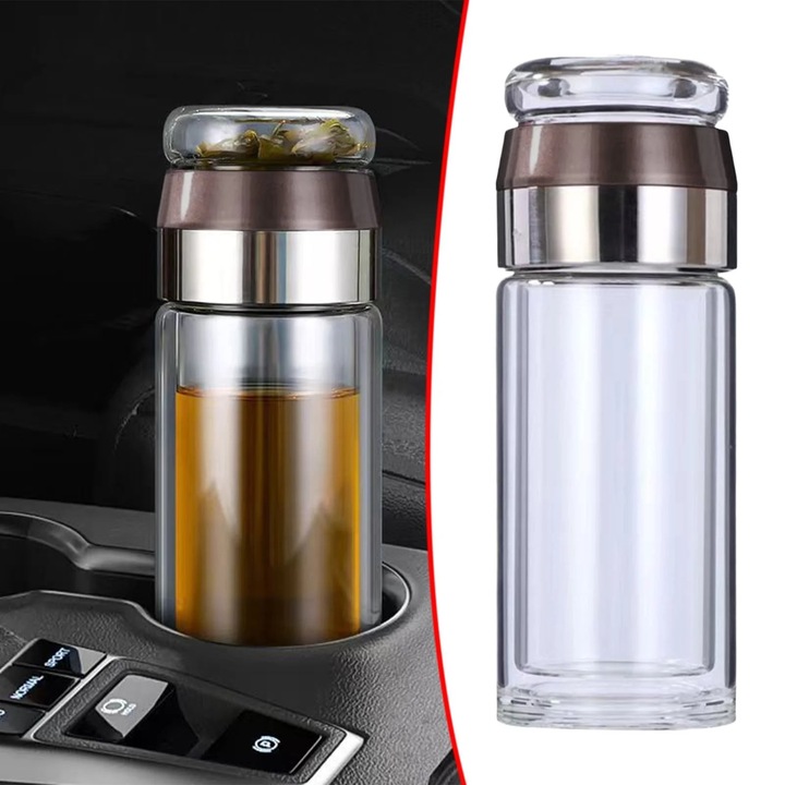 Infuzor ceai YANYXR sticla dublu strat cu filtru si capac transparent 350ml