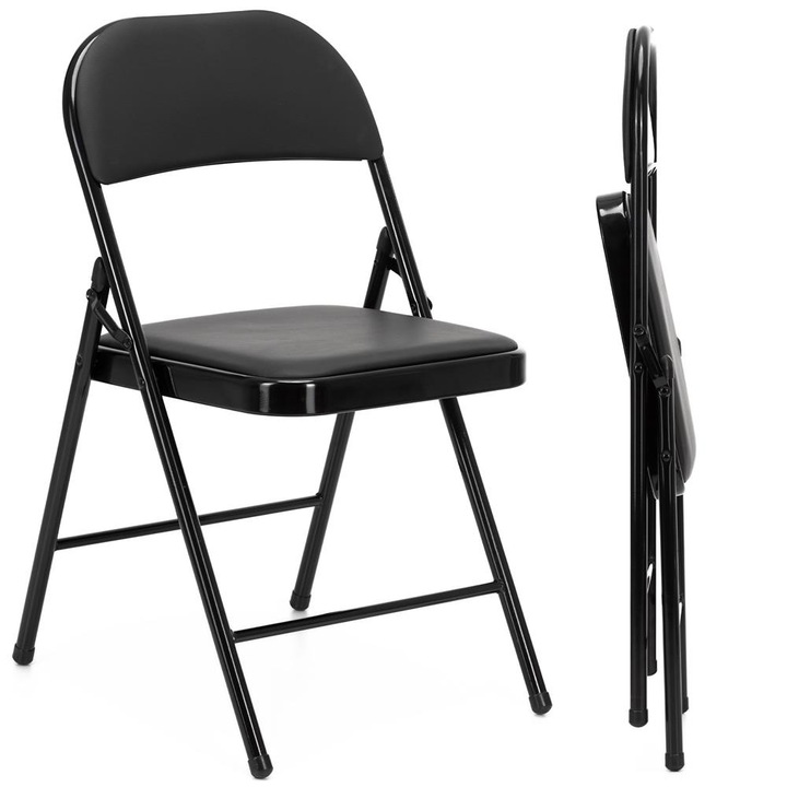 Scaun pliabil tapitat cu spatar, utilizare interior sau exterior, cadru metalic, 40x42x76 cm, maxim 120 kg, negru