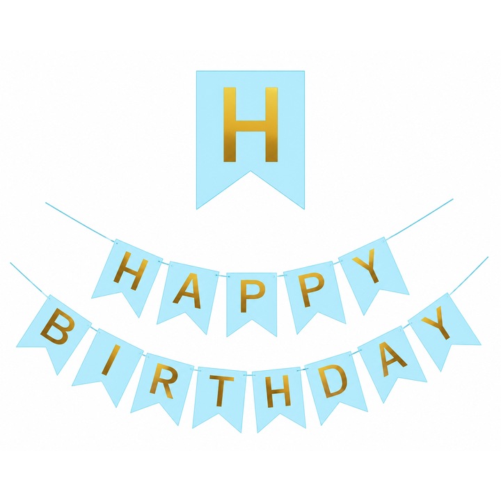 Ghirlanda VARENTIS™ Happy Birthday Bleu cu Litere Aurii, 1.5 m, Banner Petrecere din Hartie, Decor Aniversare, Zi de Nastere, Baby Shower