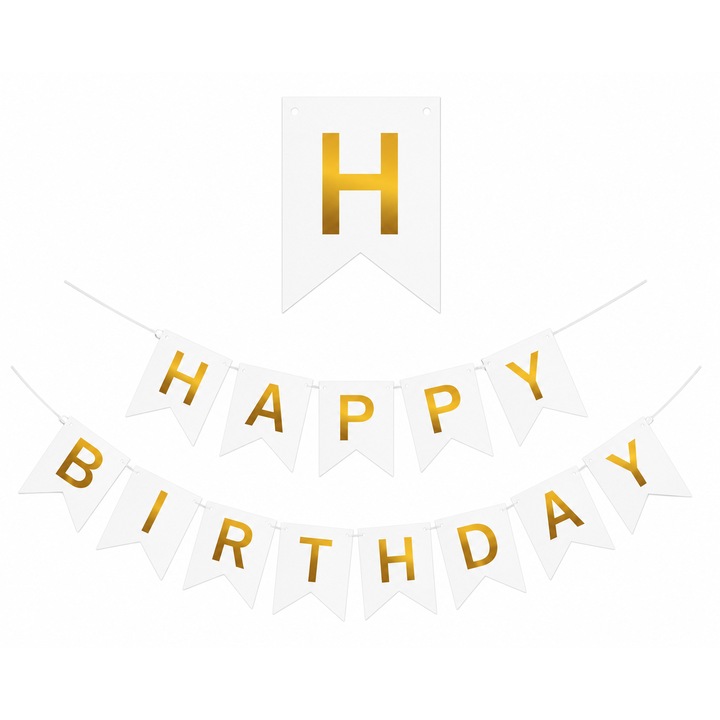 Ghirlanda VARENTIS™ Happy Birthday Alb cu Litere Aurii, 1.5 m, Banner Petrecere din Hartie, Decor Aniversare, Zi de Nastere, Baby Shower