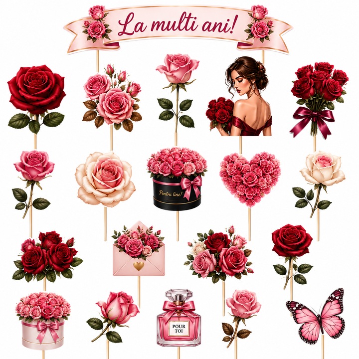 Set toppere tort TRANDAFIRI, DecoParty, 20 figurine, carton, suporti din lemn inclusi