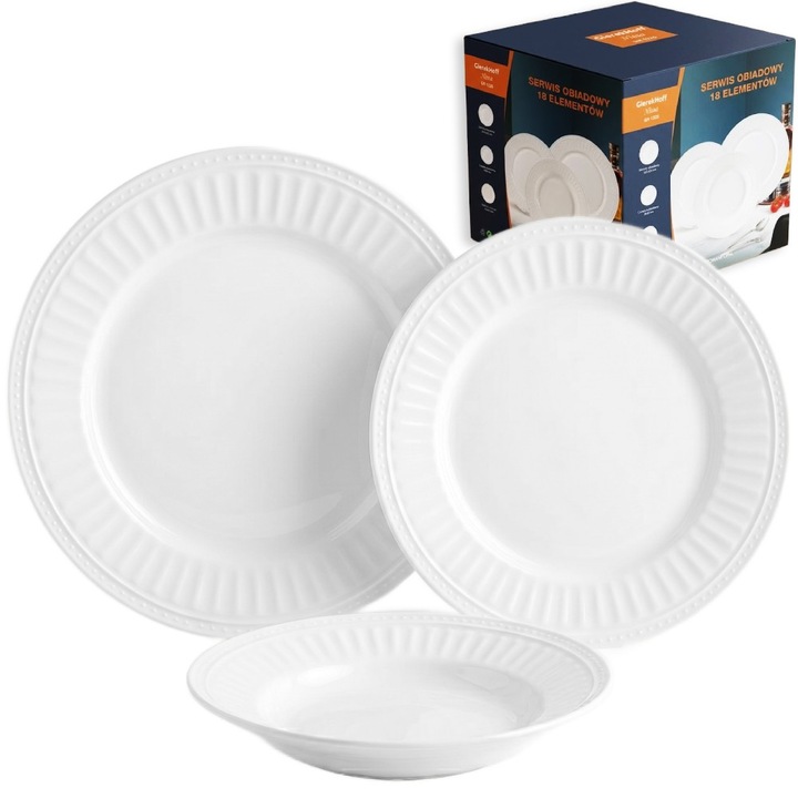 Set de masa GierekHoff Nissa din 18 piese – farfurii albe pentru 6 persoane, cu margini late si detalii decorative