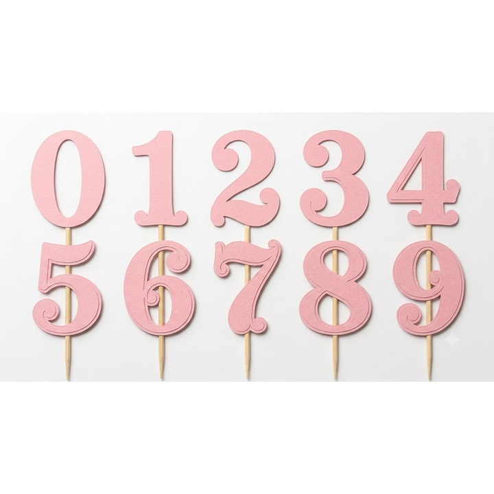 Set toppere tort CIFRE ROZ PASTEL DecoParty, 10 figurine, carton, suporti din lemn inclusi