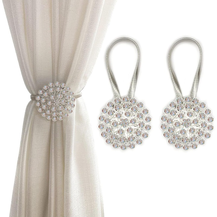 Set 2 Suporturi Magnetice Perdele YANYXR, Cristal, Argintiu, Elastic, Floral