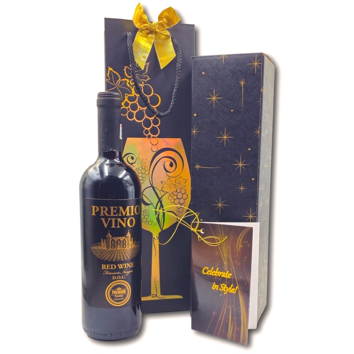 Cadou personalizat sticla de vin rosu, Feteasca Neagra, cutie premium, punga cadou si felicitare cu mesaj pentru aniversare 23 ani
