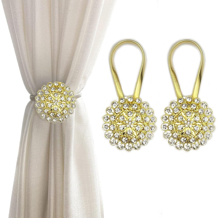 Set 2 Suporturi Magnetice Perdele YANYXR, Cristal Floare, Auriu, Elastic, Universal