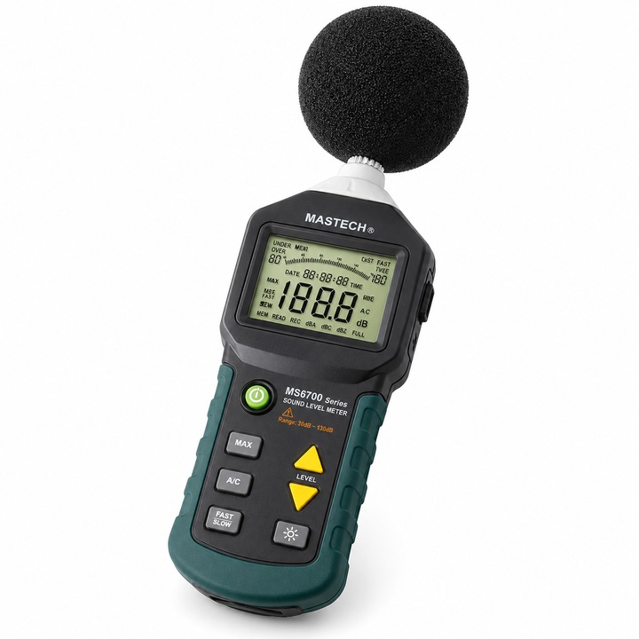 Instrument digital pentru masurarea nivelului sunetului Mastech MS6700, 30-130dB, rezolutie 0.1dB, afisaj LCD, iesire AC/DC