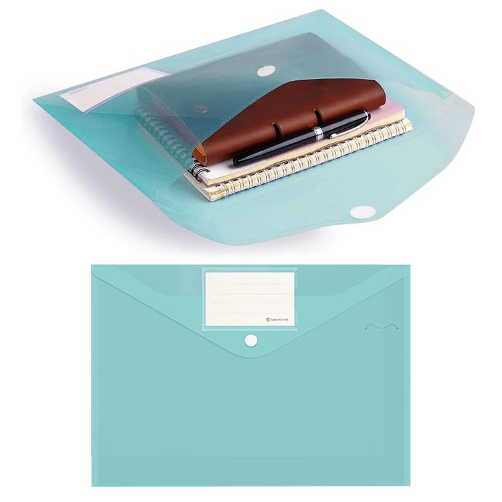 Set 10 plicuri plastic A4 cu buzunar eticheta si inchidere cu capsa, 30x25x3cm, multicolor