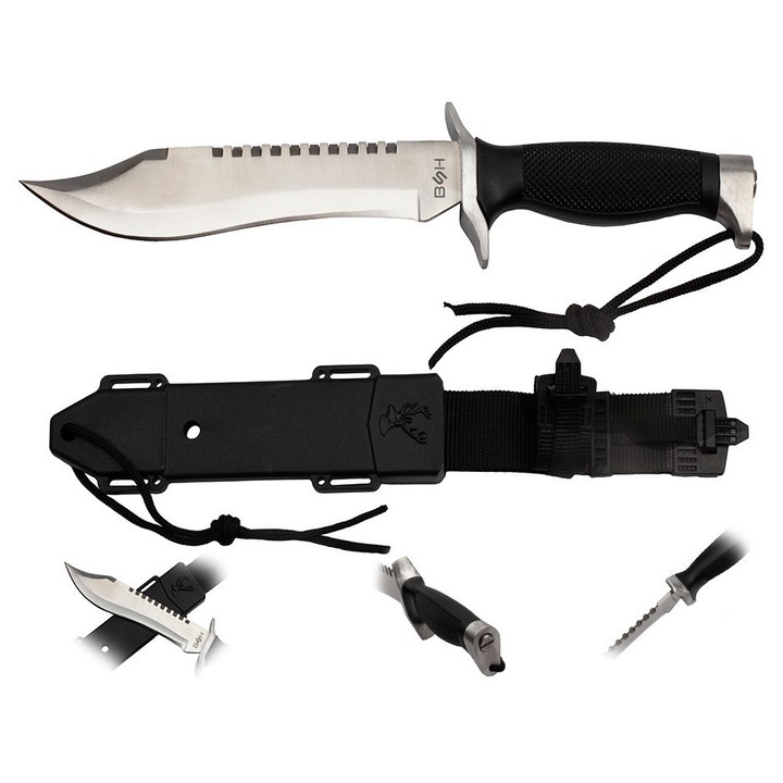 Cutit tactic si de vanatoare BSH Adventure pentru survival, camping si outdoor, lama fixa Recurve Bowie, lungime cutit 30.7 cm, otel inoxidabil 420, maner antiderapant, teaca rigida si snur incluse