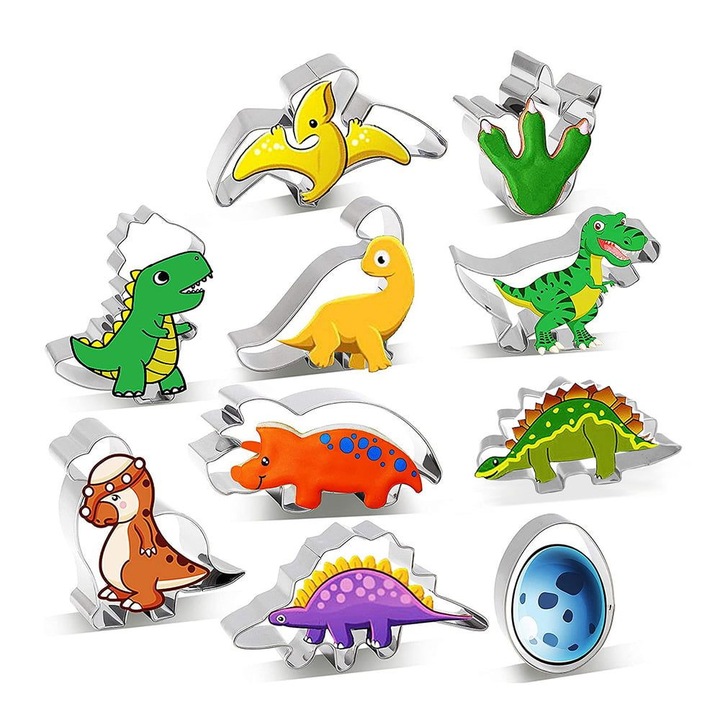 Set forme prajituri, 10 piese, inox, dinozauri, 7.3x7.1cm