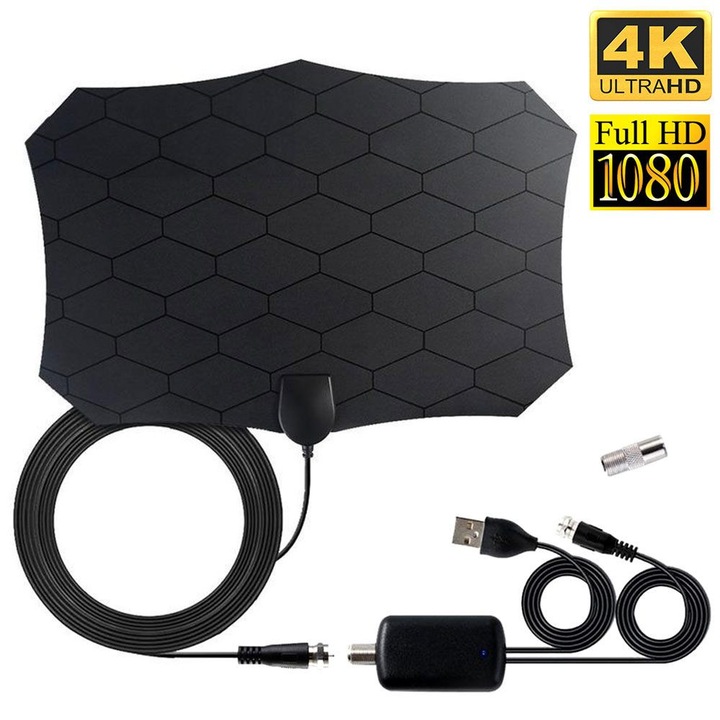 Antena TV digitala interior 4K HD, negru, 220x130mm, cablu 4m, set