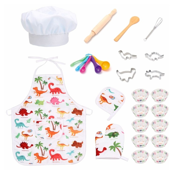 Set bucatarie copii 26 piese, sort dinozaur, manusa cuptor, multicolor