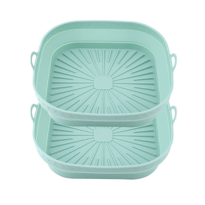 Set 2 tavi patrate pliabile din silicon pentru friteuza aer, verde, 24x24x6cm